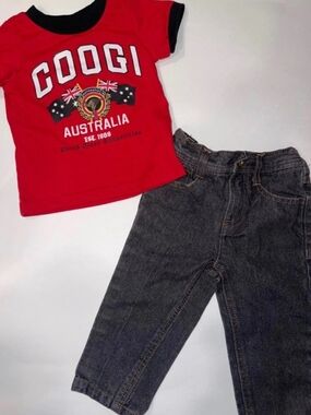 COOGI Red Tee with Black Trim & Dark Denim Pants